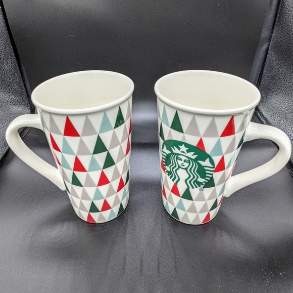 Pair of Starbucks Mugs 16 oz. Christmas Triangle Trees Latte Coffee Hot Tea